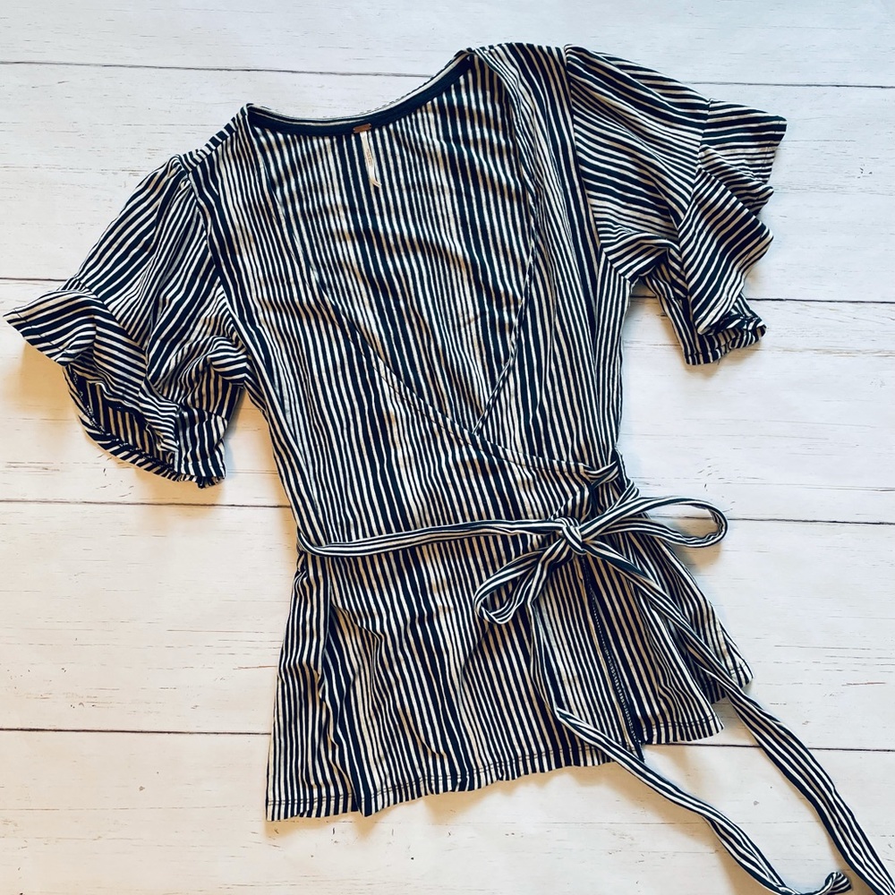 Free People Pinstripe Wrap Front Top